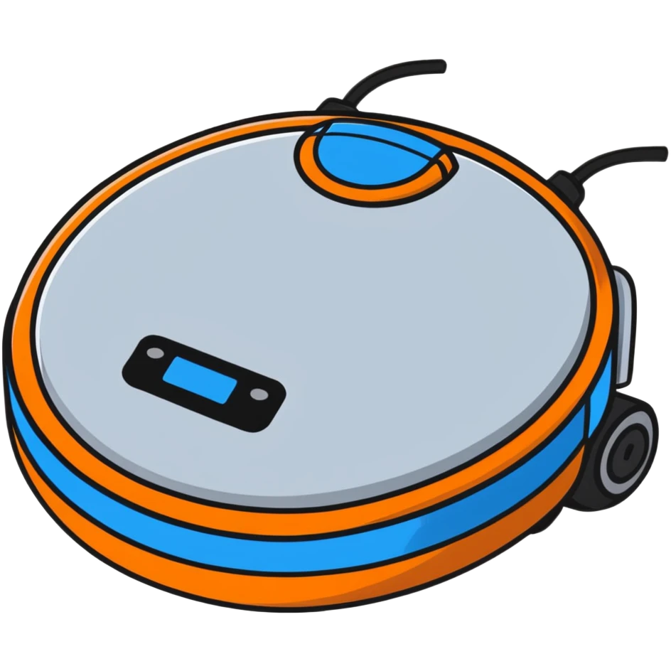 cute cleaning robot vacuum with blue, grey, and orange colors on wheels emoji