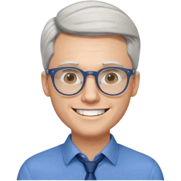 30 yr old pale white man, white/grey side swept stylish hair, round glasses, big smile, white teeth, handsome, longer hair, thin glasses, blue dress shirt emoji