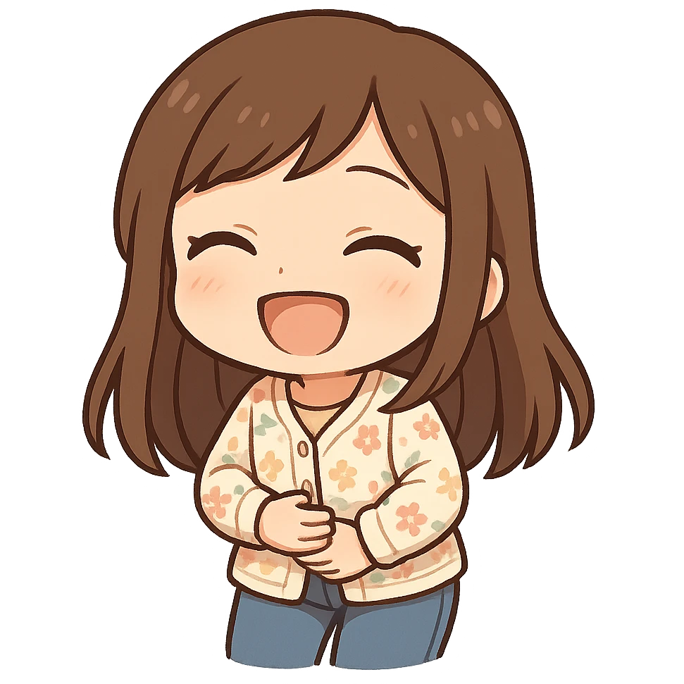 chibi sticker of a girl with brown straight hair and brown eyes, wearing a pastel floral cardigan and jeans, laughing with eyes closed, holding her stomach, white outline, transparent background, 512x512px emoji