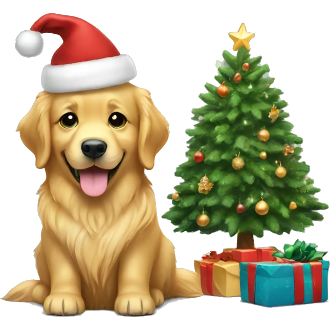 christmas golden retriever with christmas tree  emoji