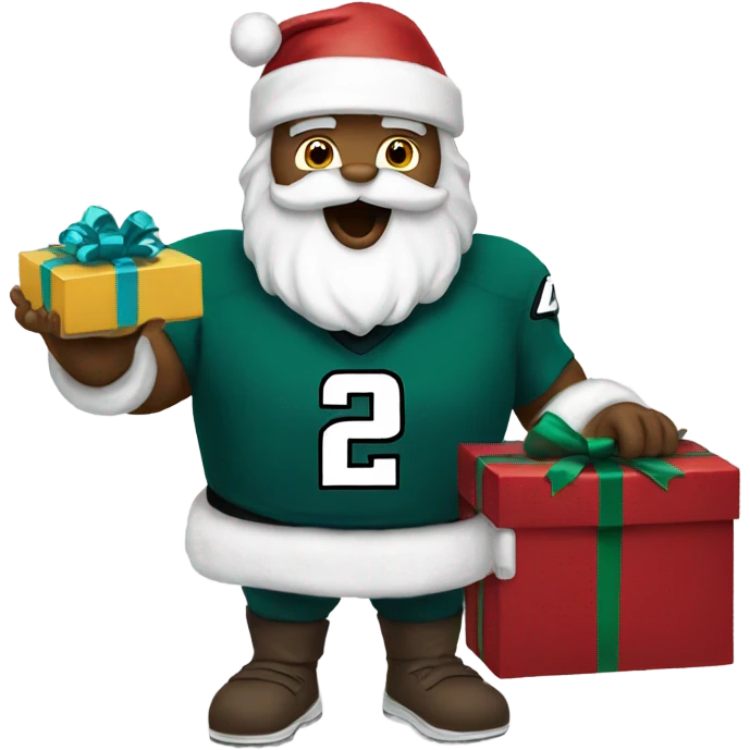 Santa wearing an eagles jersey handing out presents emoji