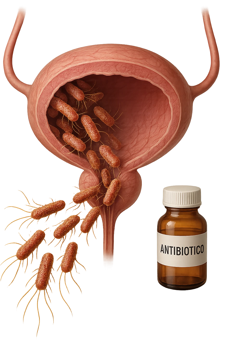 batteri intestinali che migrano ed entrano in una vescica anatomica realistica per infettarla, davanti a lei fluttua una boccetta con la scritta "ANTIBIOTICO", iperrealistico 4k emoji