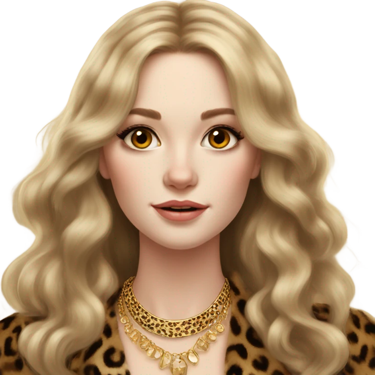 Beautiful pale skin women, long voluminous light brown hair, lots of gold jewelry, leopard fur coat  emoji