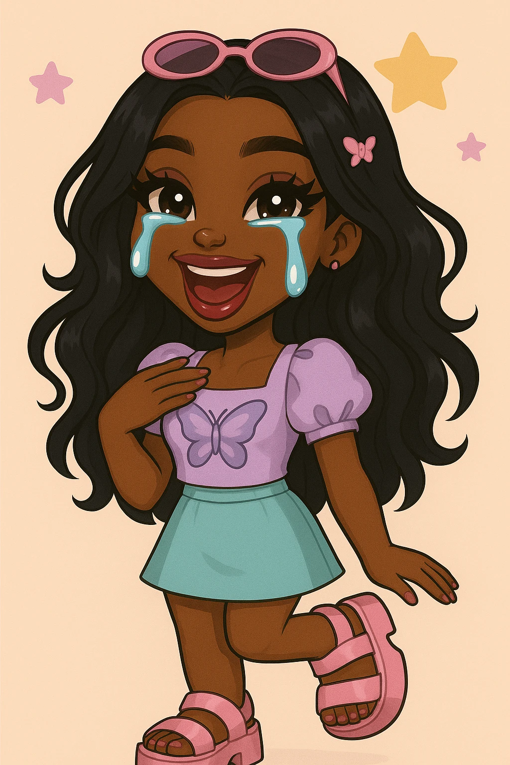 Change her outfit style to a cute pastel Y2K look, keep her as a 20-year-old anime Bratz style woman with dark skin, dark hair, crying laughing expression, big expressive eyes, and glossy lips. emoji