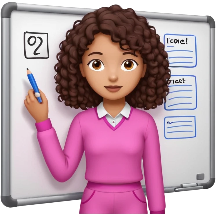 a girl with dark brown curly like hair wearing pink not hot pink 2 piece set teaching up on a board emoji