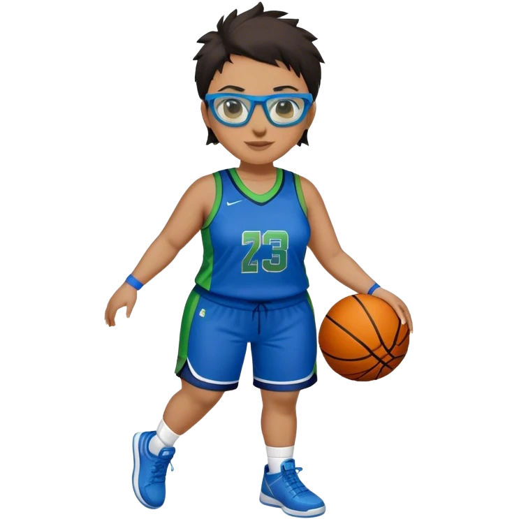 Full Body plus size white female basketball player with short dark hair with highlights spike hair wearing blue glasses  wearing blue green uniform smiling emoji