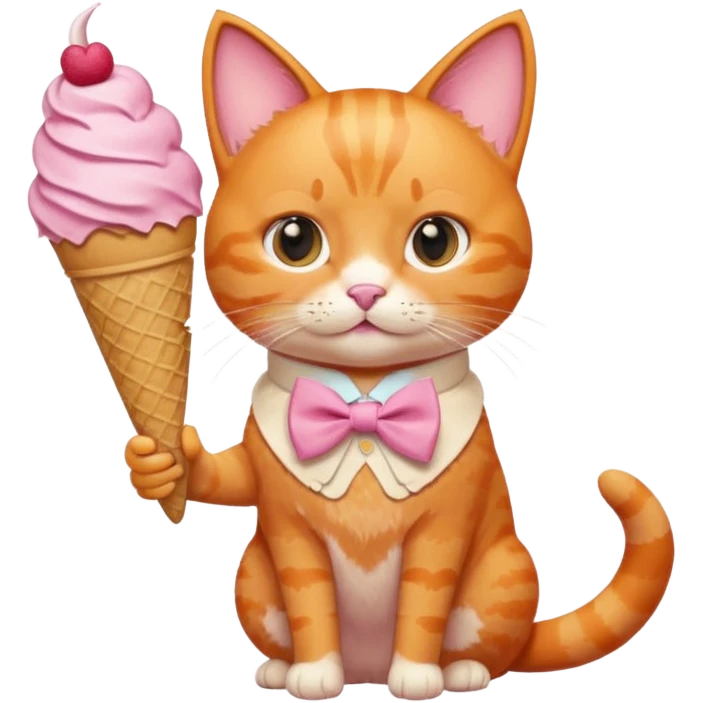 گربه ای نارنجی که لباس و پاپیون صورتی تنشه و پاپیون صورتی رو سرشه بستنی دستشه emoji