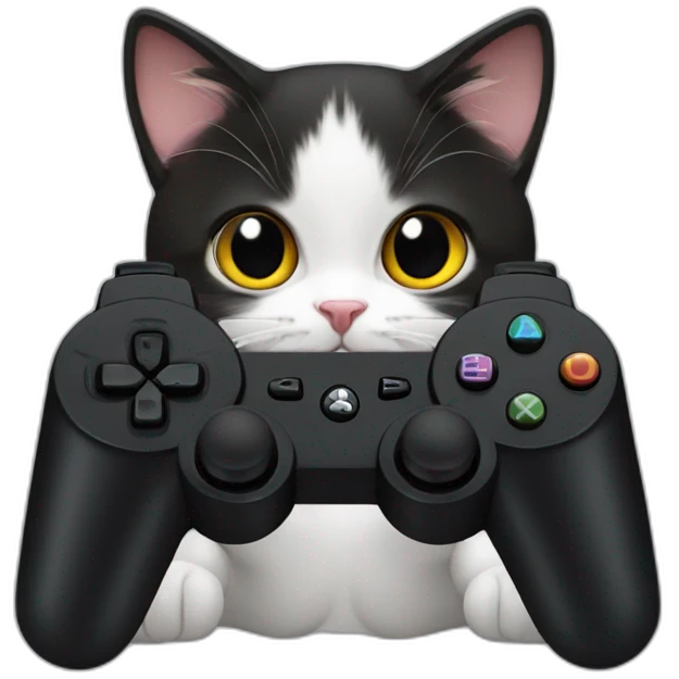 Cute cat holding one black ps controller and playing video games emoji