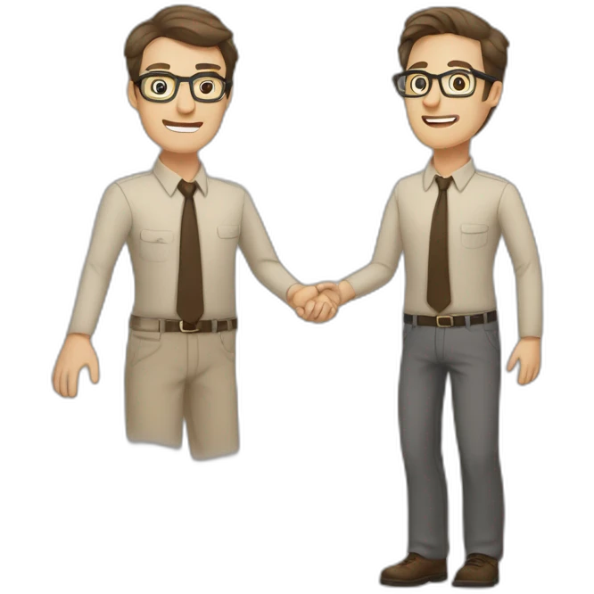 To belt Actively gesturing with hands Pale skinned fit man with dark brown hair in gray jacket, beige office shirt, brown tie, brown pants and vintage glasses. emoji