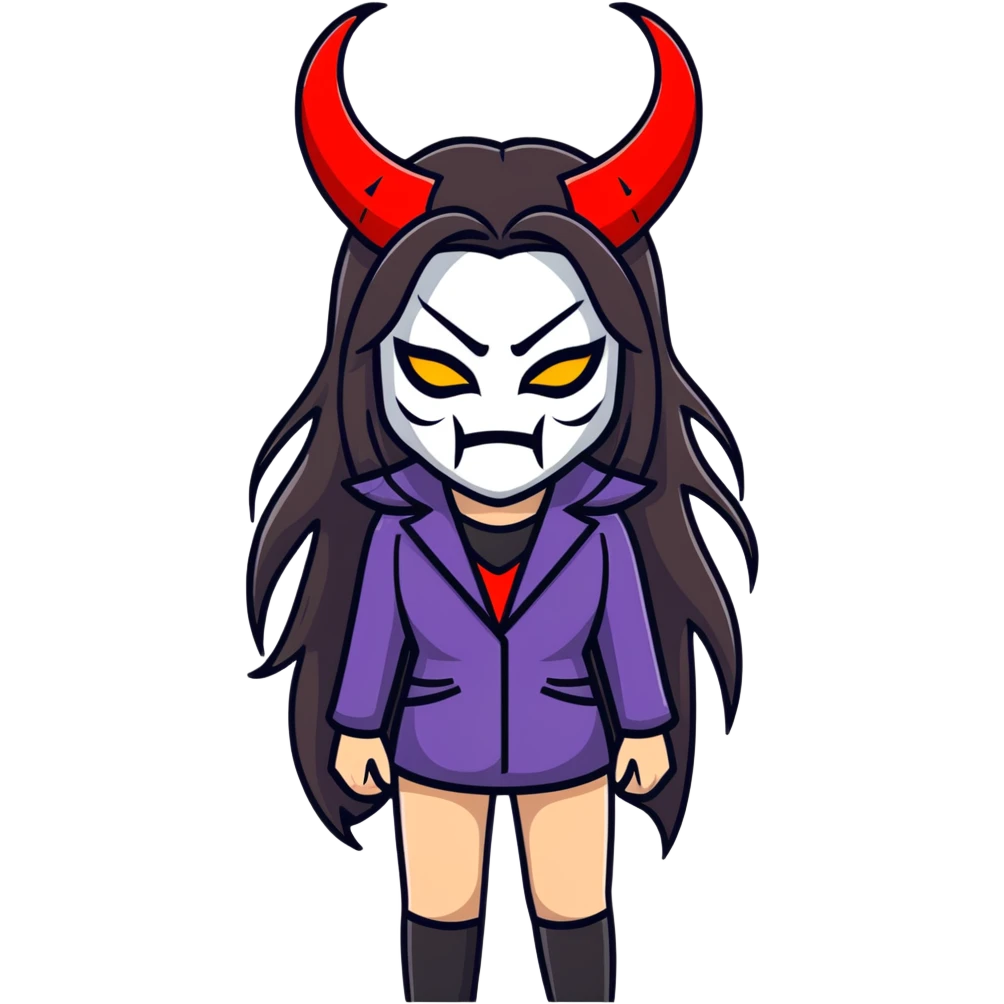 sinister female figure with demon mask and long dark hair emoji