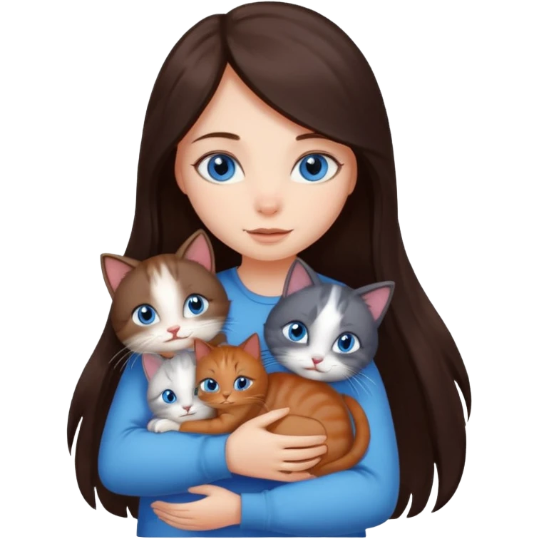 a girl with long dark 
brown hair, with blue eyes, hugs 3 different natural coloured small cats emoji