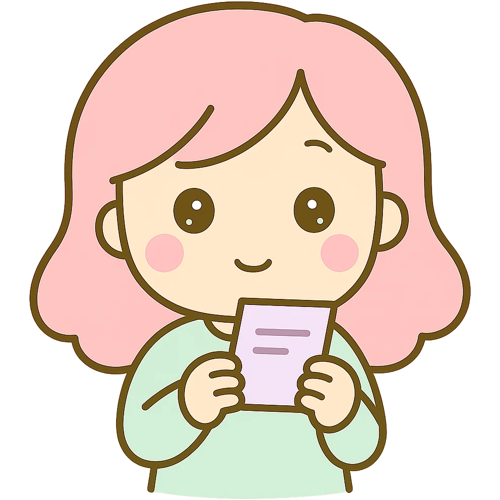 Edit the image to show the woman checking out a receipt, holding a receipt and looking at it, in the same kawaii chibi anime style with flat pastel colors, thick outlines, and simple cute features. Keep the background transparent. emoji