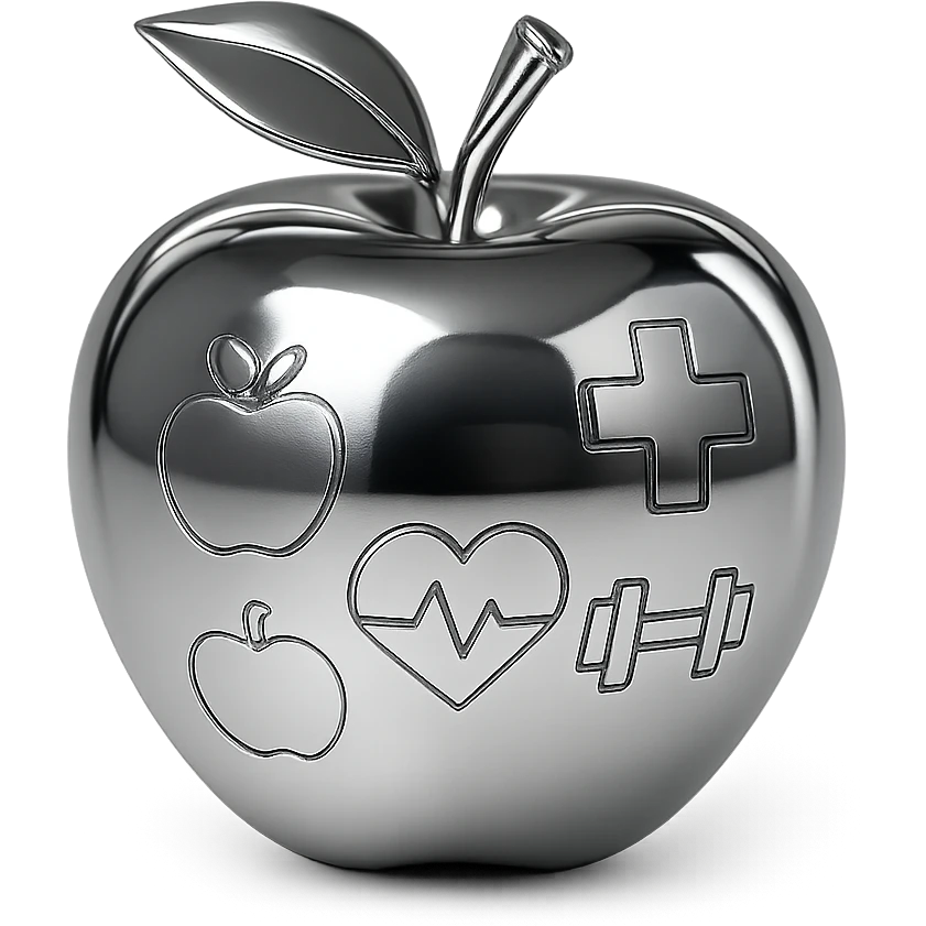 stylized chrome apple, shiny and futuristic, representing health emoji