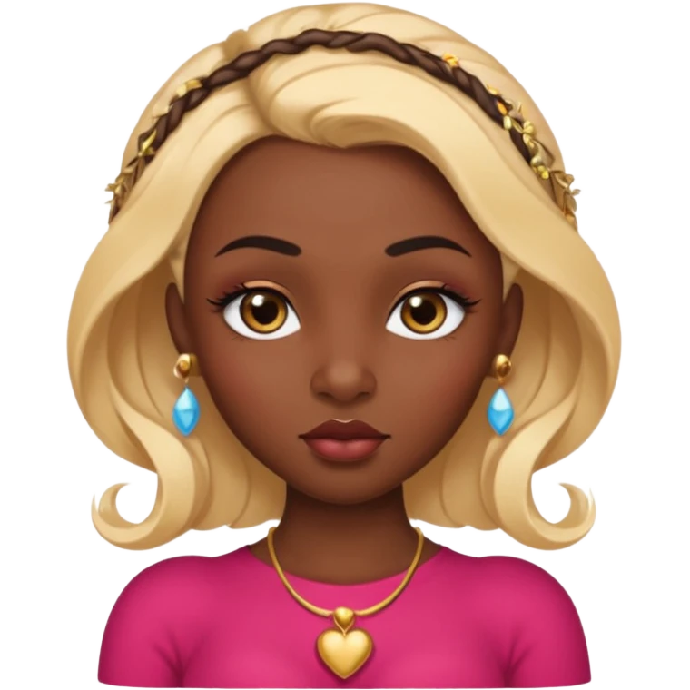 darkskin female with eyebrows that are naturally shaped and frame eyes well, eyes that are almond-shaped with defined lashes. nd lips are full with a defined cupid’s bow, add also a septum piercing that adds an edgy, stylish flair. a middle-part, honey blonde bust-down with laid baby hairs emoji