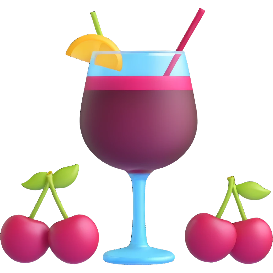 3D emoji style cocktail glass with burgundy drink and a pair of cherries emoji