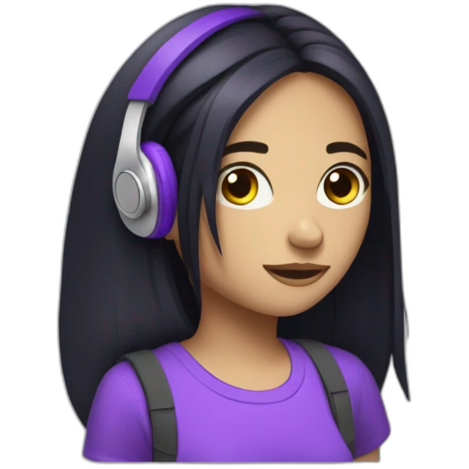 a depressive girl with purple headphones and straight black hair she will have a purple backpack the hair will be parted in the middle and long and the t-shirt will have a text emoji