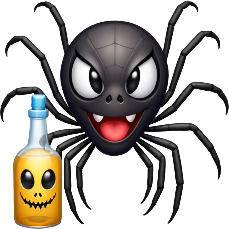 wesoły śmieszny pająk z butelka jadu i banerem witaj  emoji