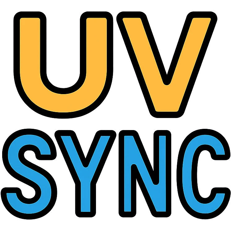 modern flat icon sign with 'uv sync' in bold sans-serif, minimal color emoji