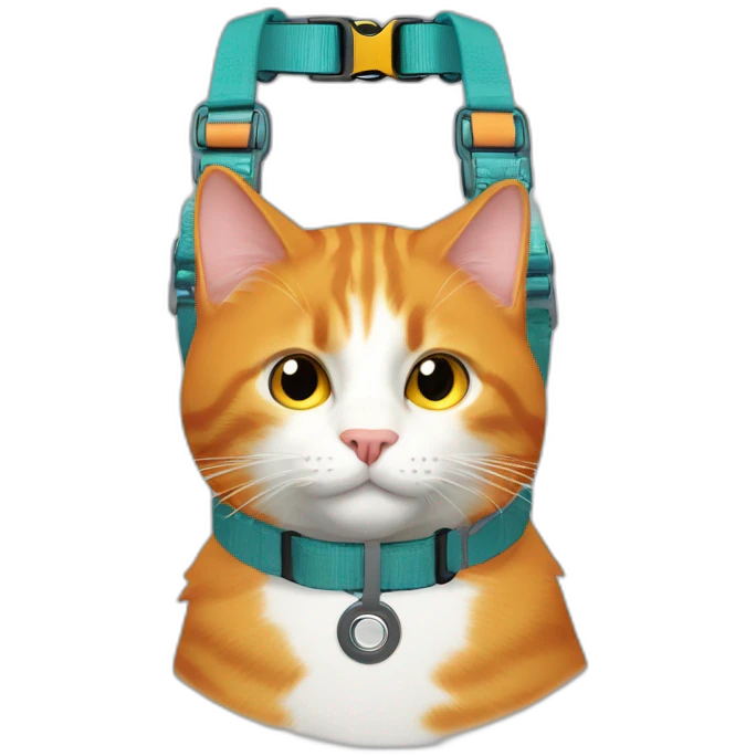 ginger cat with orange colored neckband, a teal harness, with an airtag attached to the neckband emoji