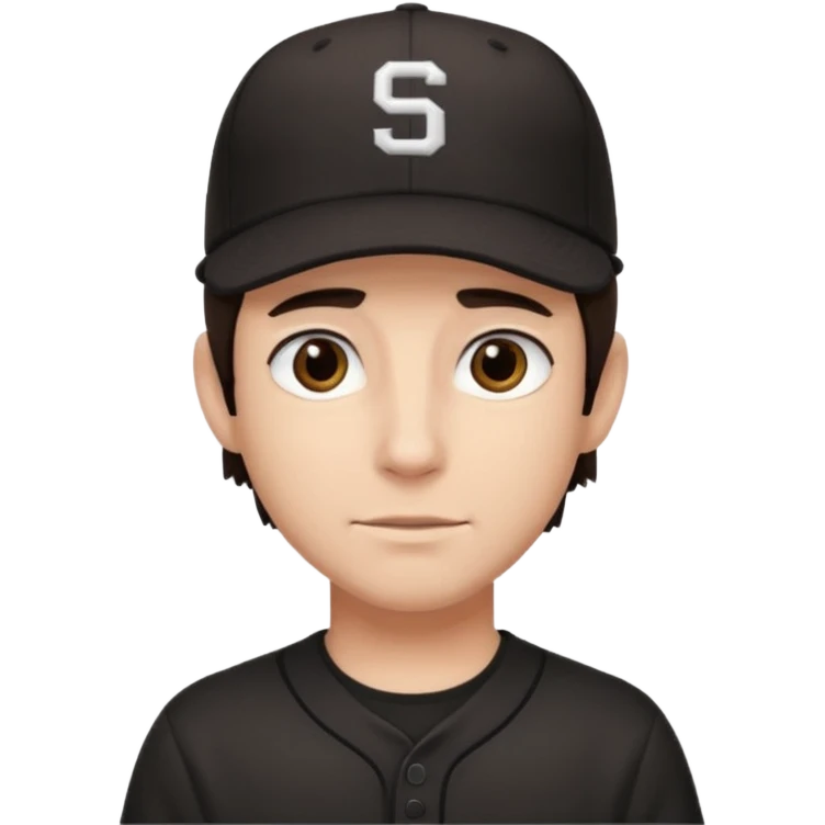 male, dark brown hair, dark brown eyes, fair skin, black baseball hat, no smile emoji