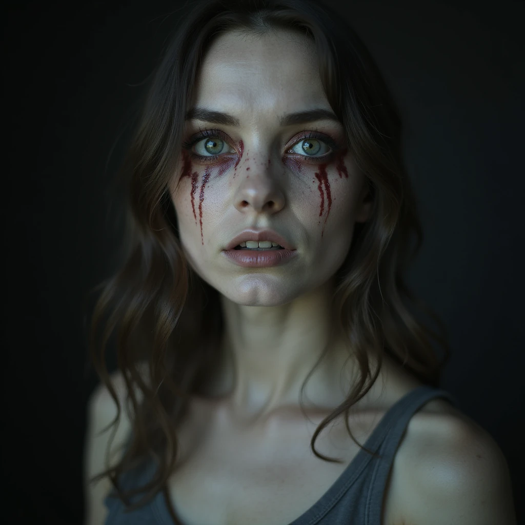 realistic horror portrait of a beautiful but scary woman with hollow eyes, pale flawless skin, dark background, horror emoji