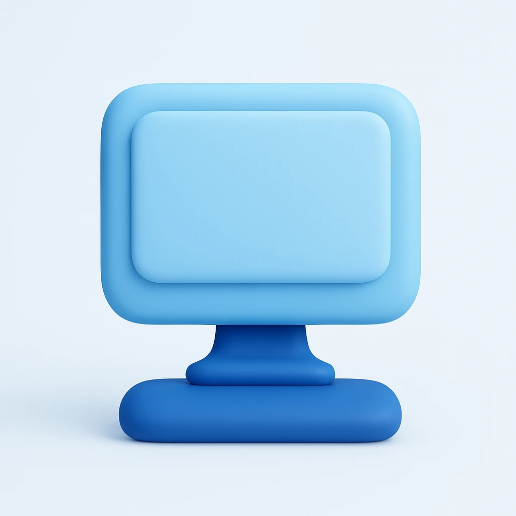 minimalist 3D icon of a desktop computer, clean and smooth, light blue and deep blue colors from AlefStudio branding, smooth rounded shapes, subtle shadows, soft three-dimensional effect, no sharp edges, no complex details, clean white or subtle light blue gradient background, modern, friendly, abstract volumetric style, smooth matte surfaces, no realistic textures, 1:1 aspect ratio emoji