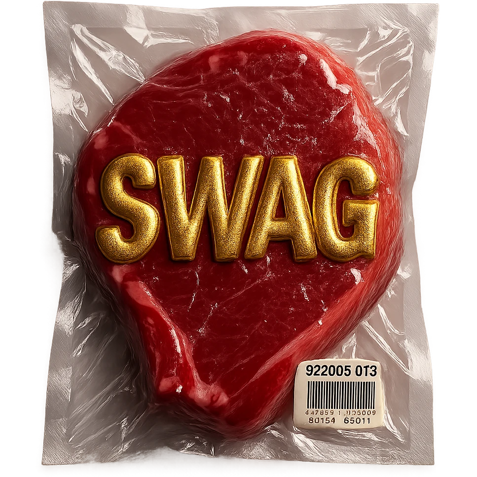 juicy steak with shiny gold 'SWAG' text across the surface, shiny and inflated vacuum-sealed style emoji
