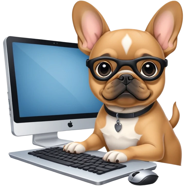 Fawn Frenchie with black muzzle working behind computer emoji