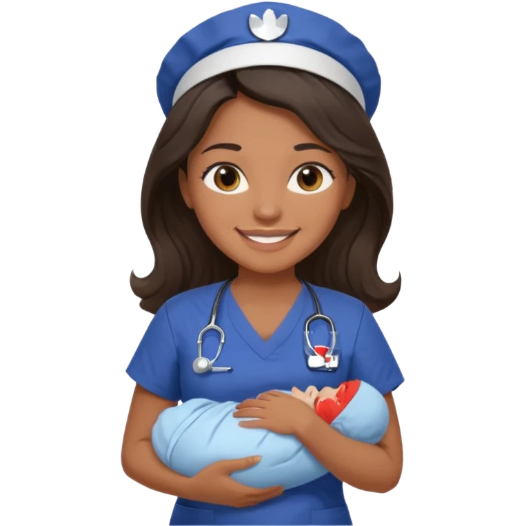 Female nurse smiling with long dark wavy hair with medium brown skin and brown eyes holding one new born with navy blue short sleeves emoji