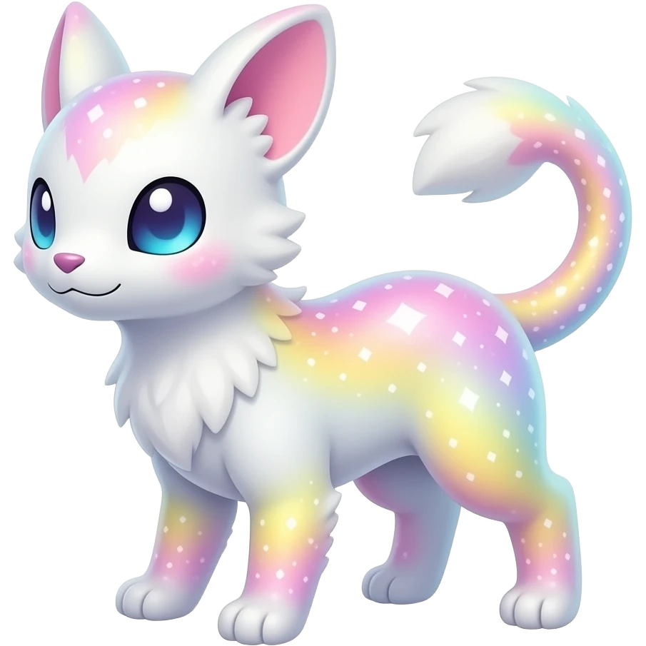 Rare realistic exotic pastel whitish pinkish yellowish gradients shiny sparkly divine celestial spiritual iridescent cute epic pretty beautiful handsome gorgeous aesthetic colorful vibrant Vernid-Trico-species-Fakemon-creature by LiLaiRa, 4 legs, 1 tail, random markings, (full body) emoji