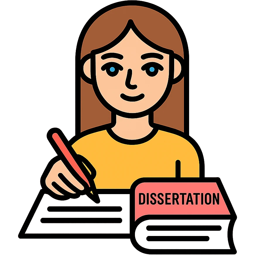 Beautiful girl with brown hair and blue eyes is writing a dissertation emoji