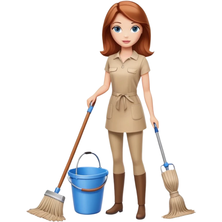 A Barbie girl with blue eyes, shoulder-length reddish-brown hair, made-up, and beige clothes stands with a mop and bucket emoji