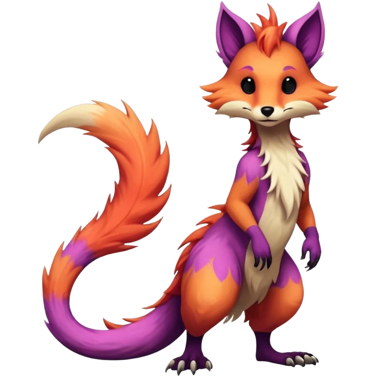 Cool randomly colored colorful furry anthropomorphic fantasy-Vernid-creature by LiLaiRa with a long tufted tail with edgy markings (full body) emoji