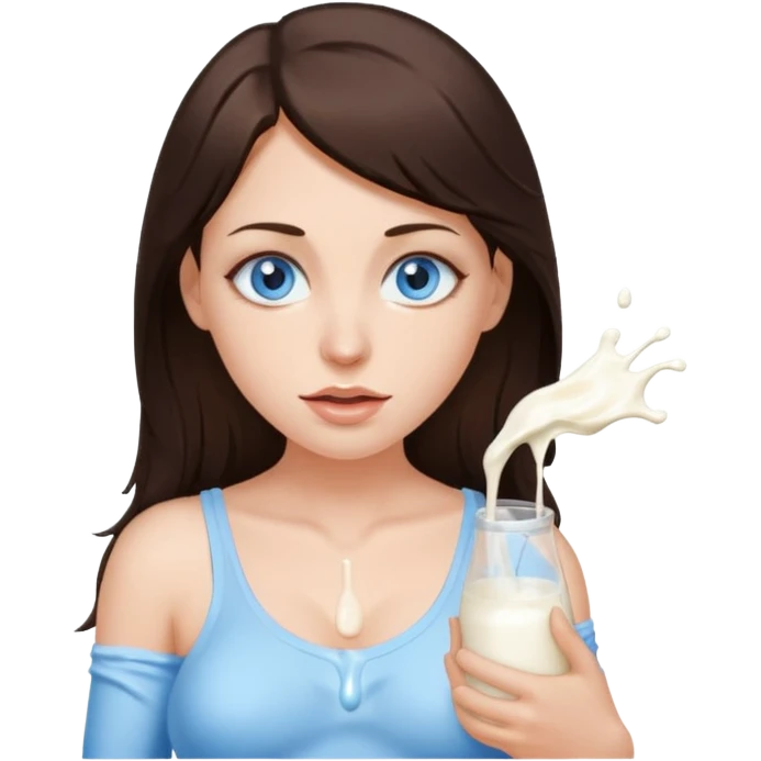 Brunette woman with blue eyes, with big naked tits with nipples, with dripping milk on her face emoji