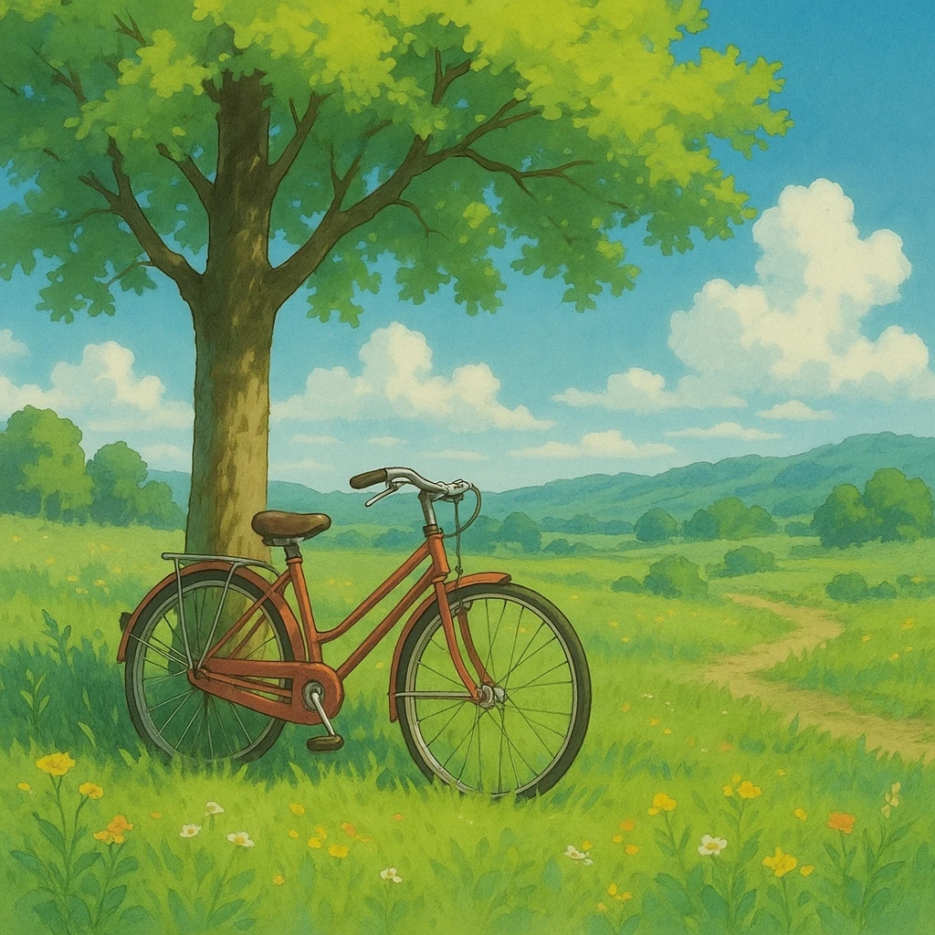 bicycle leaning against a tree, ghibli style emoji