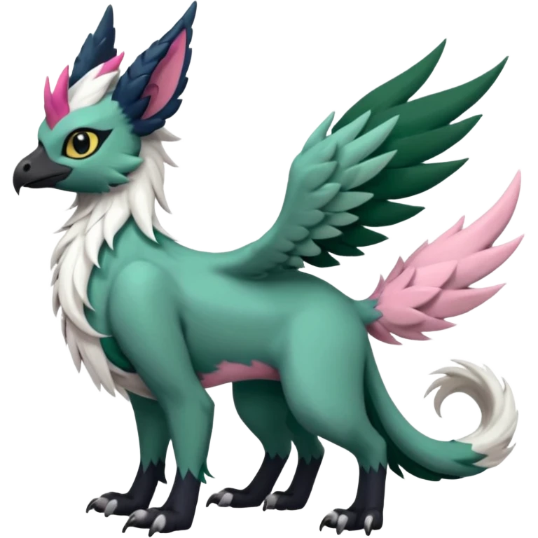 Dark-deep-Emerald-green gryphon-Trico-Nargacuga-Absol-Leafeon-Sprigatito-Silvally-fusion-hybrid with a long tufted tail, black beak, pink accents, black claws, black tail, majestic, realistic, furry (full body) emoji