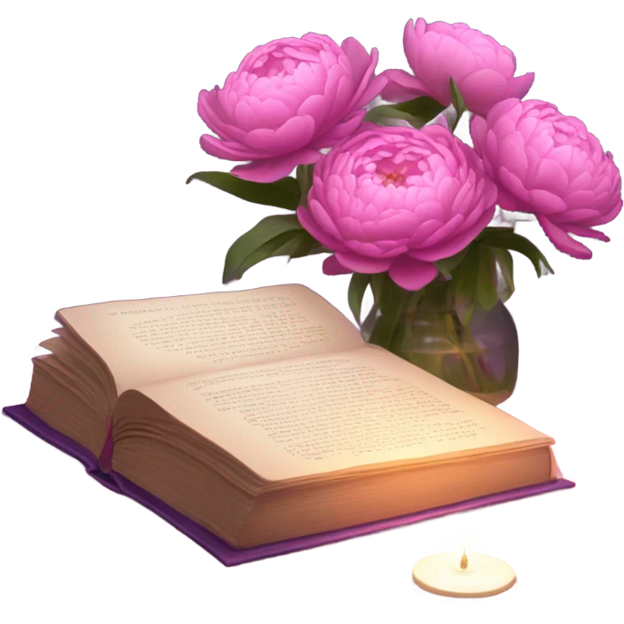 A still-life painting style: a violet book with a bouquet of pink daisies and dark pink peonies, candlelight illuminating the scene. emoji