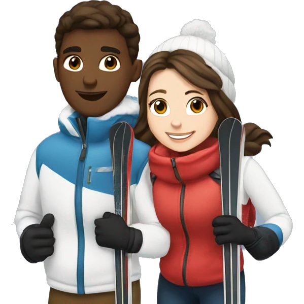 White brunette boy and white brunette girl skiing together in love (just them two, they are both white and brunette) emoji