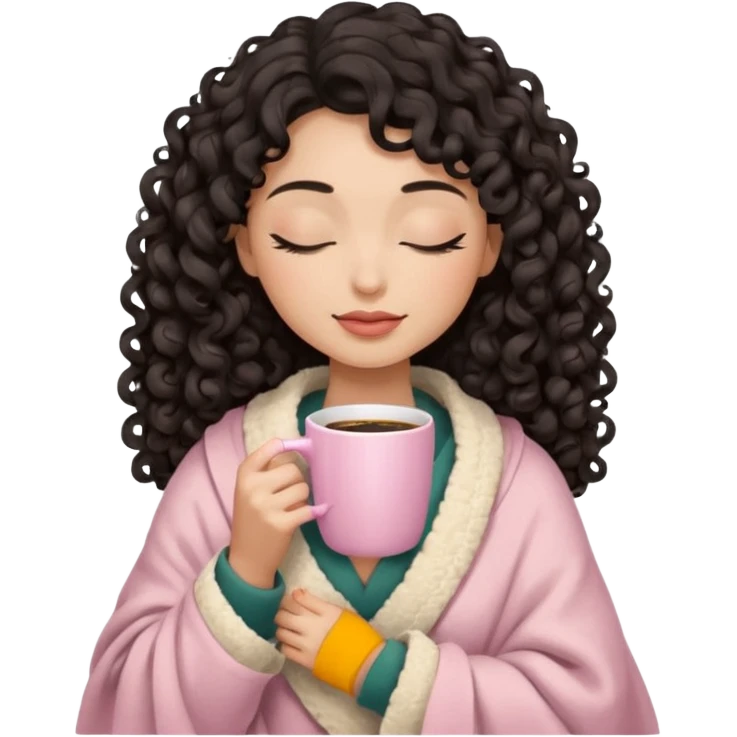 woman with medium tone, black long 3b curls, closed eyes, feminine face, holding soft pink coffee cup with beige blanket over shoulders emoji