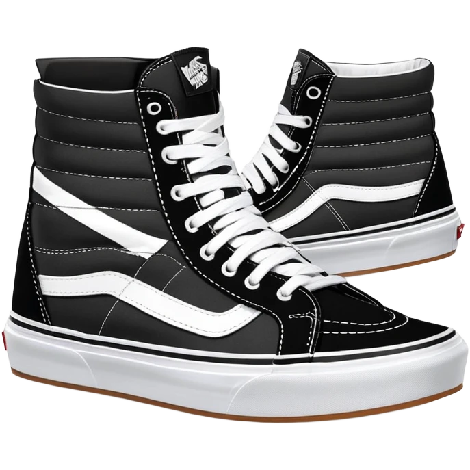 Pair of black Vans Sk8-Hi sneakers clearly arranged with one directly behind the other, high-top skate shoes with white jazz stripe, black canvas upper, white stitching, white rubber sole emoji