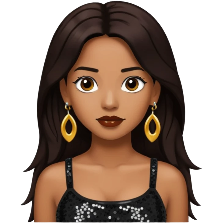 Chilli from TLC with long dark brown hair, black sequin crop top, black earring emoji