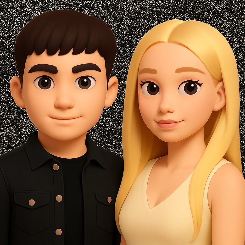 Slightly increase the volume of the upper body of the girl, separate the girl and the boy from each other, and make the skin color the same for both. Preserve the cartoonish 3D style in the editing. emoji