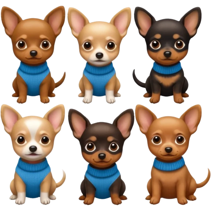 Cagnolini piccoli seduti un chiuaua un Bassotto e un Yorkshire con vestitini in maglia emoji