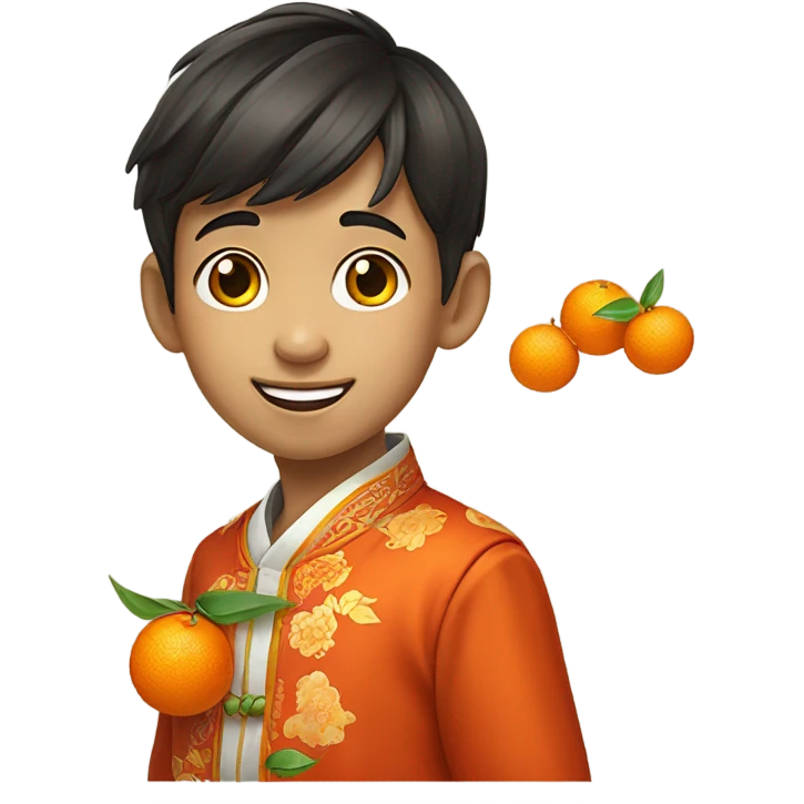 portrait of a stylish boy with mandarin oranges for chinese new year emoji