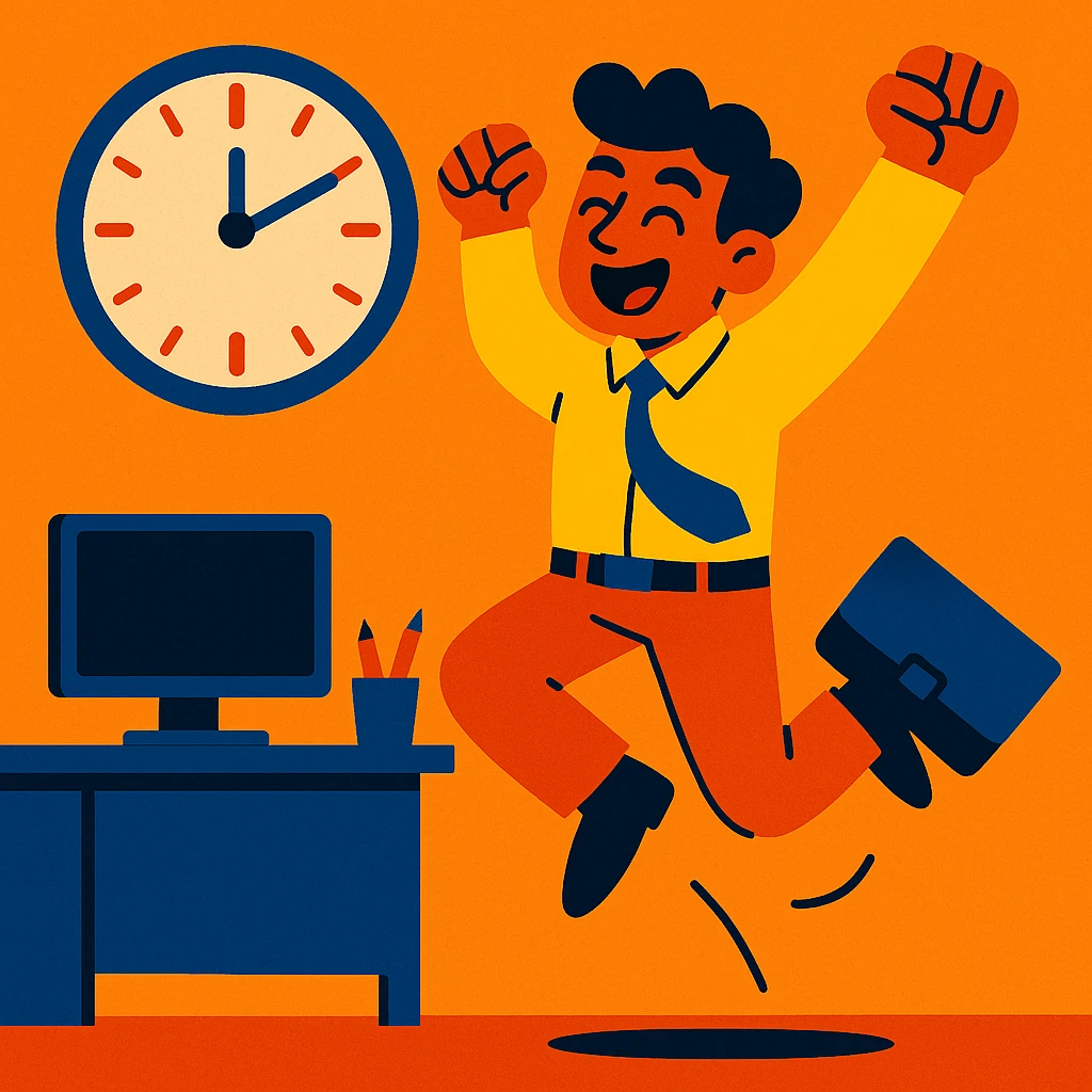 energetic worker jumping up as clock hits 5pm emoji