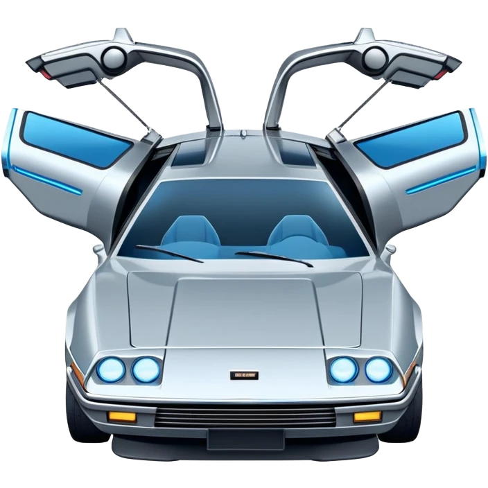 Retro-futuristic hover car inspired by the DeLorean, gullwing doors, silver metallic body with blue-tinted windows, stylized jet boosters in the back, flat vector style, outlined shapes, minimal design emoji