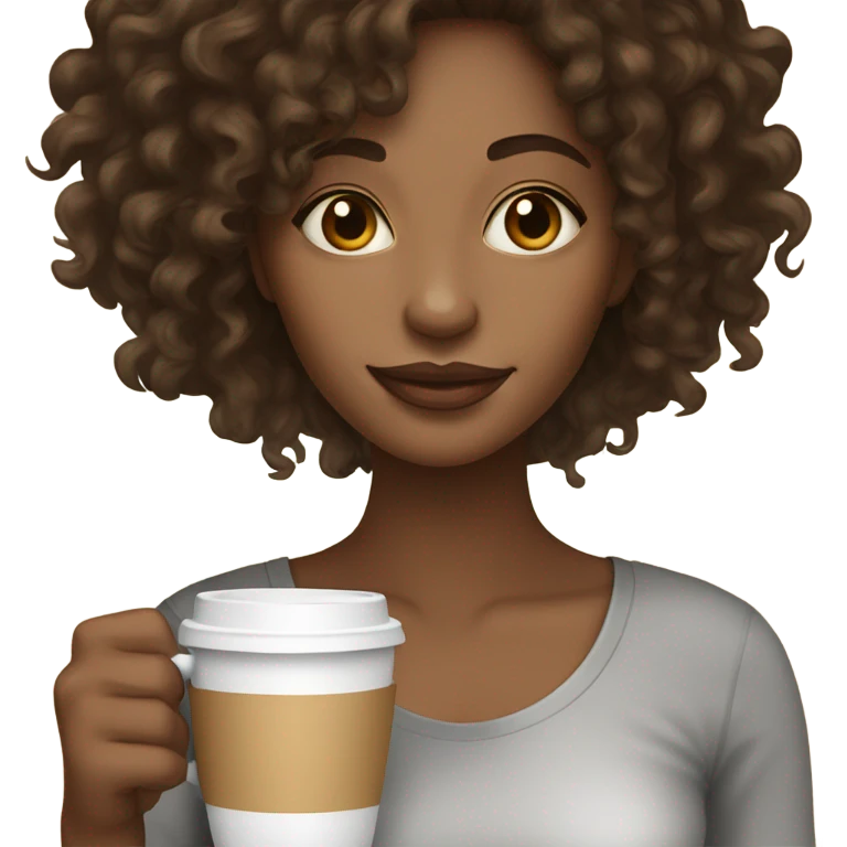 light brown skin woman with long dark brown curly hair sipping coffee emoji