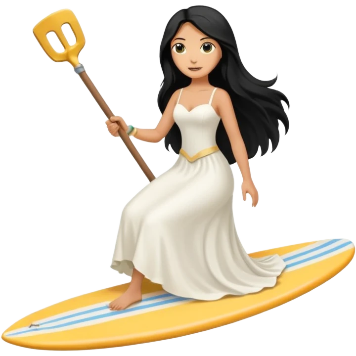 Bride black long hair holding her phone and long shovel with another hand. Under her feet, there is one surfing board. emoji