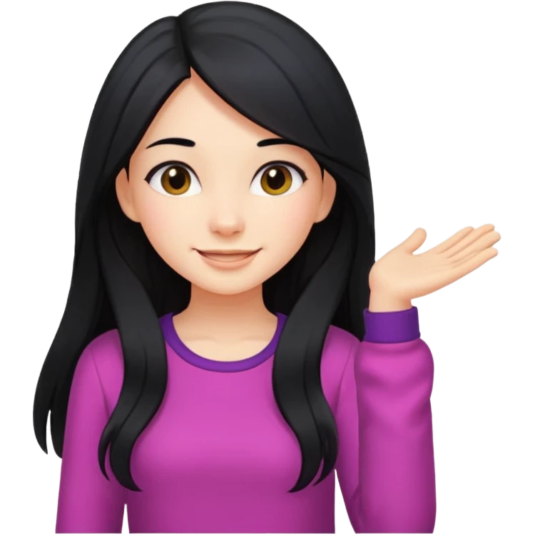 cewe rambut panjang hitam ceria keliatan setengah badan dan badannya kayak lagi nyender ke sesuatu di sebelahnya bajunya ceria emoji