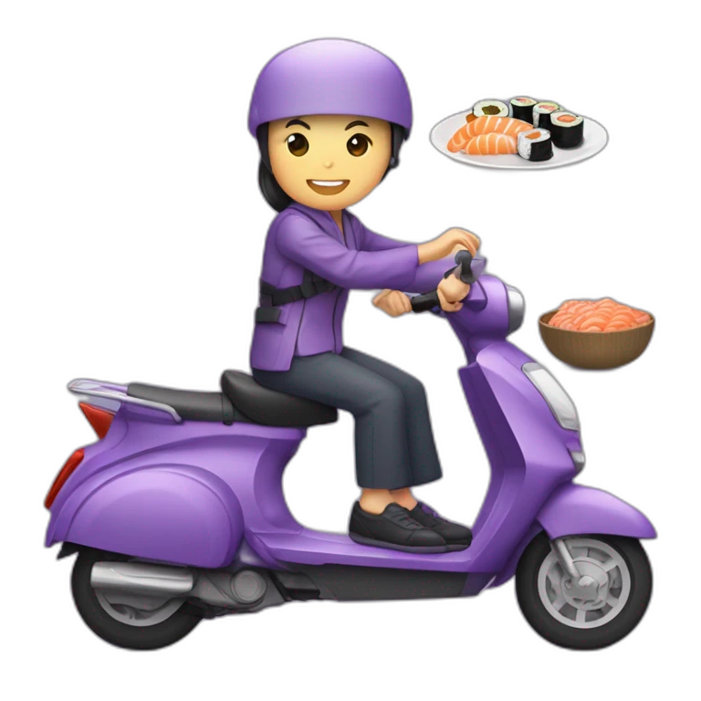 personne asiatique sur un scooter violet avec un sushi dans la main emoji